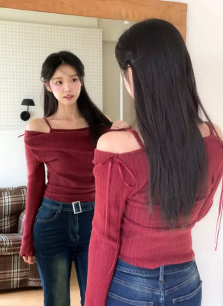 Roseni Glamfit Shoulder Ribbon Strap Drape Shirring Off-Shoulder Nashi Knit