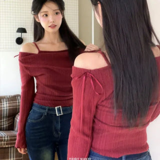 Roseni Glamfit Shoulder Ribbon Strap Drape Shirring Off-Shoulder Nashi Knit