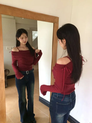 Roseni Glamfit Shoulder Ribbon Strap Drape Shirring Off-Shoulder Nashi Knit
