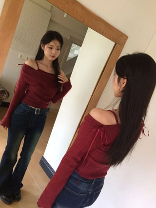 Roseni Glamfit Shoulder Ribbon Strap Drape Shirring Off-Shoulder Nashi Knit