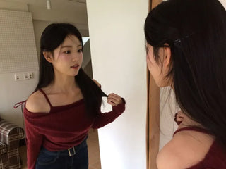 Roseni Glamfit Shoulder Ribbon Strap Drape Shirring Off-Shoulder Nashi Knit
