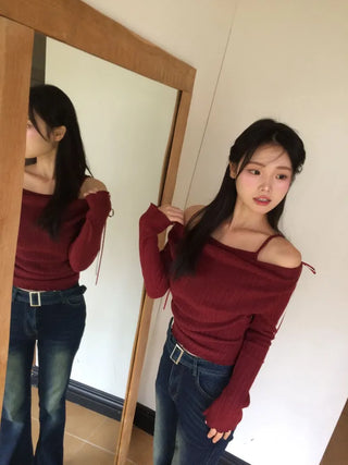Roseni Glamfit Shoulder Ribbon Strap Drape Shirring Off-Shoulder Nashi Knit
