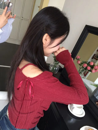 Roseni Glamfit Shoulder Ribbon Strap Drape Shirring Off-Shoulder Nashi Knit