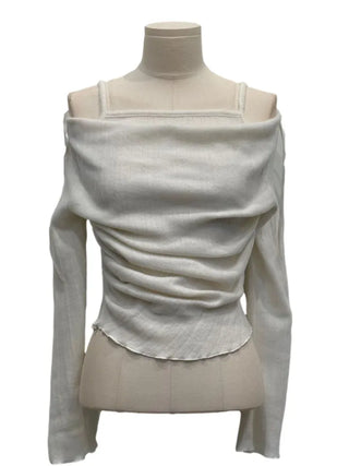Roseni Glamfit Shoulder Ribbon Strap Drape Shirring Off-Shoulder Nashi Knit