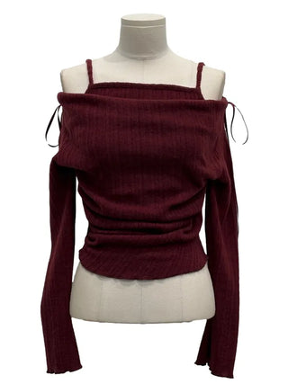 Roseni Glamfit Shoulder Ribbon Strap Drape Shirring Off-Shoulder Nashi Knit