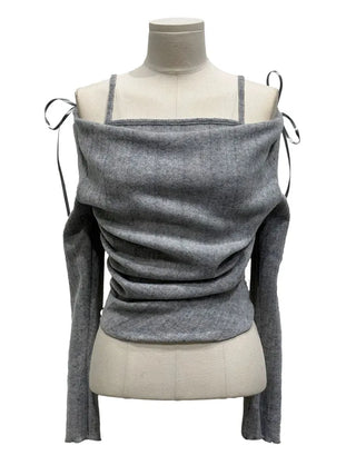 Roseni Glamfit Shoulder Ribbon Strap Drape Shirring Off-Shoulder Nashi Knit