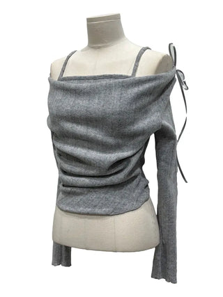 Roseni Glamfit Shoulder Ribbon Strap Drape Shirring Off-Shoulder Nashi Knit