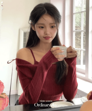 Roseni Glamfit Shoulder Ribbon Strap Drape Shirring Off-Shoulder Nashi Knit