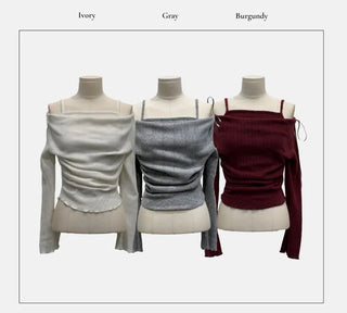 Roseni Glamfit Shoulder Ribbon Strap Drape Shirring Off-Shoulder Nashi Knit