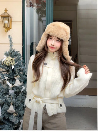 Towa High Neck Buckle Button Two-Zip Feminine Fit Waist Ribbon Knit Cardigan