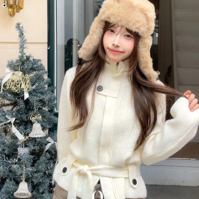 Towa High Neck Buckle Button Two-Zip Feminine Fit Waist Ribbon Knit Cardigan