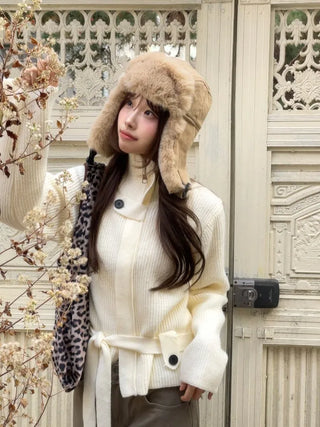 Towa High Neck Buckle Button Two-Zip Feminine Fit Waist Ribbon Knit Cardigan