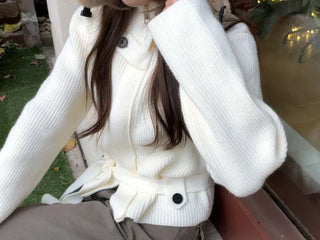 Towa High Neck Buckle Button Two-Zip Feminine Fit Waist Ribbon Knit Cardigan