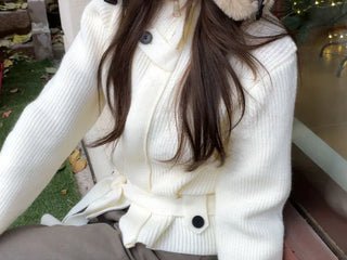 Towa High Neck Buckle Button Two-Zip Feminine Fit Waist Ribbon Knit Cardigan