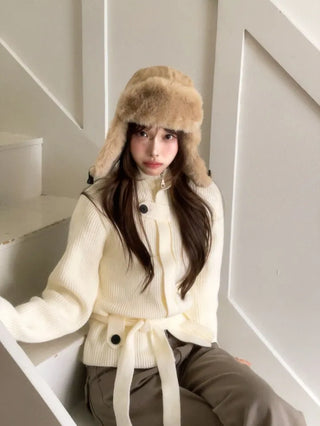 Towa High Neck Buckle Button Two-Zip Feminine Fit Waist Ribbon Knit Cardigan