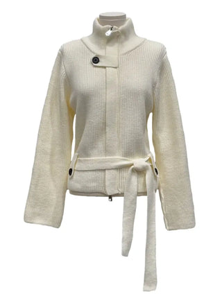 Towa High Neck Buckle Button Two-Zip Feminine Fit Waist Ribbon Knit Cardigan