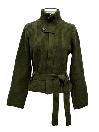 Towa High Neck Buckle Button Two-Zip Feminine Fit Waist Ribbon Knit Cardigan
