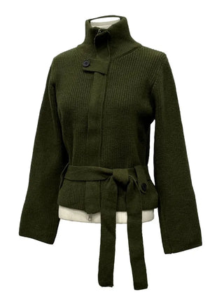 Towa High Neck Buckle Button Two-Zip Feminine Fit Waist Ribbon Knit Cardigan
