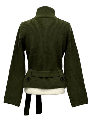 Towa High Neck Buckle Button Two-Zip Feminine Fit Waist Ribbon Knit Cardigan