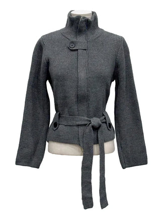 Towa High Neck Buckle Button Two-Zip Feminine Fit Waist Ribbon Knit Cardigan