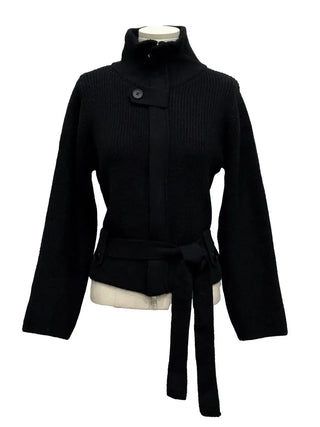 Towa High Neck Buckle Button Two-Zip Feminine Fit Waist Ribbon Knit Cardigan
