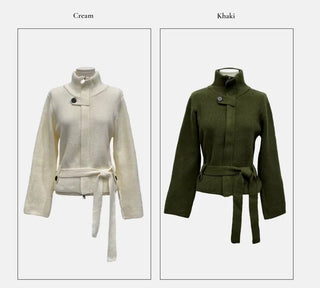 Towa High Neck Buckle Button Two-Zip Feminine Fit Waist Ribbon Knit Cardigan