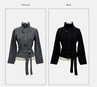 Towa High Neck Buckle Button Two-Zip Feminine Fit Waist Ribbon Knit Cardigan