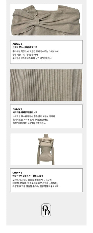 Two-tone ribbon shirring off-square neck ribbed long sleeve knit