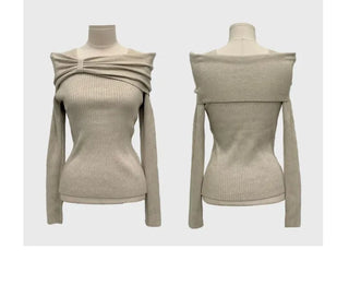 Two-tone ribbon shirring off-square neck ribbed long sleeve knit