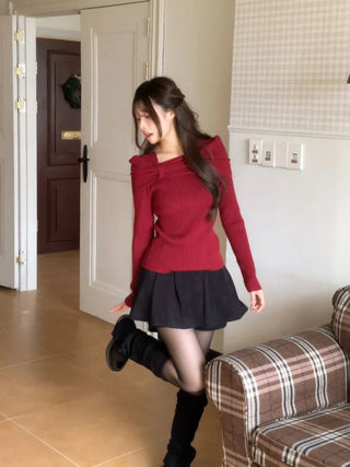 Two-tone ribbon shirring off-square neck ribbed long sleeve knit