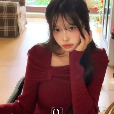 Two-tone ribbon shirring off-square neck ribbed long sleeve knit