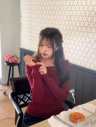 Two-tone ribbon shirring off-square neck ribbed long sleeve knit