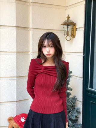 Two-tone ribbon shirring off-square neck ribbed long sleeve knit