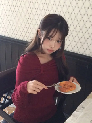 Two-tone ribbon shirring off-square neck ribbed long sleeve knit
