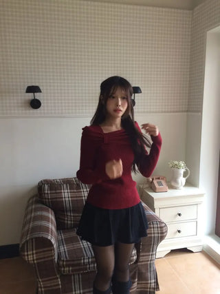 Two-tone ribbon shirring off-square neck ribbed long sleeve knit