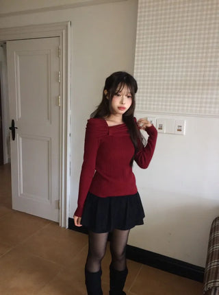Two-tone ribbon shirring off-square neck ribbed long sleeve knit