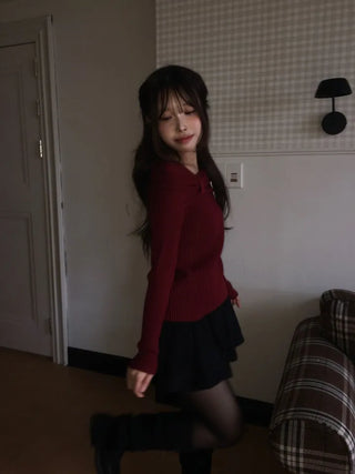 Two-tone ribbon shirring off-square neck ribbed long sleeve knit