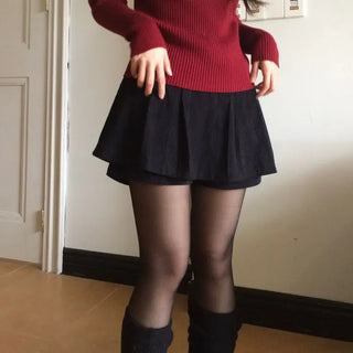 Two-tone ribbon shirring off-square neck ribbed long sleeve knit