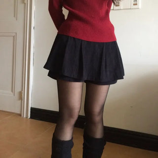 Two-tone ribbon shirring off-square neck ribbed long sleeve knit