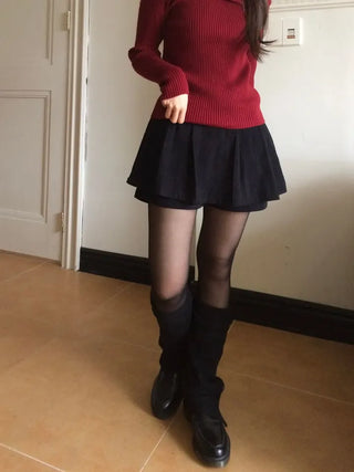Two-tone ribbon shirring off-square neck ribbed long sleeve knit