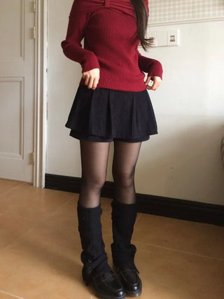 Two-tone ribbon shirring off-square neck ribbed long sleeve knit