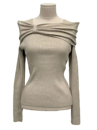 Two-tone ribbon shirring off-square neck ribbed long sleeve knit