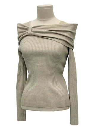 Two-tone ribbon shirring off-square neck ribbed long sleeve knit