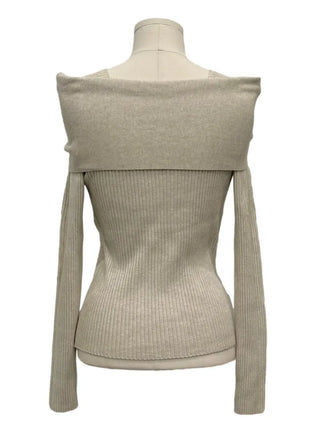 Two-tone ribbon shirring off-square neck ribbed long sleeve knit