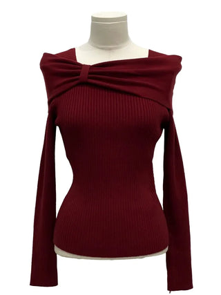 Two-tone ribbon shirring off-square neck ribbed long sleeve knit