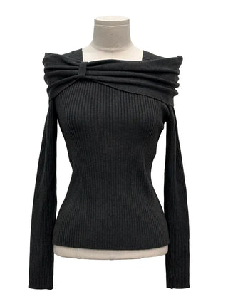 Two-tone ribbon shirring off-square neck ribbed long sleeve knit