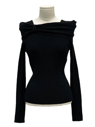Two-tone ribbon shirring off-square neck ribbed long sleeve knit