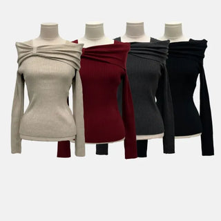 Two-tone ribbon shirring off-square neck ribbed long sleeve knit
