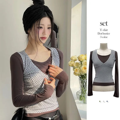 Romini Dot Bustier Sleeveless Long Sleeve T-shirt Layered Set