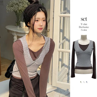 Romini Dot Bustier Sleeveless Long Sleeve T-shirt Layered Set